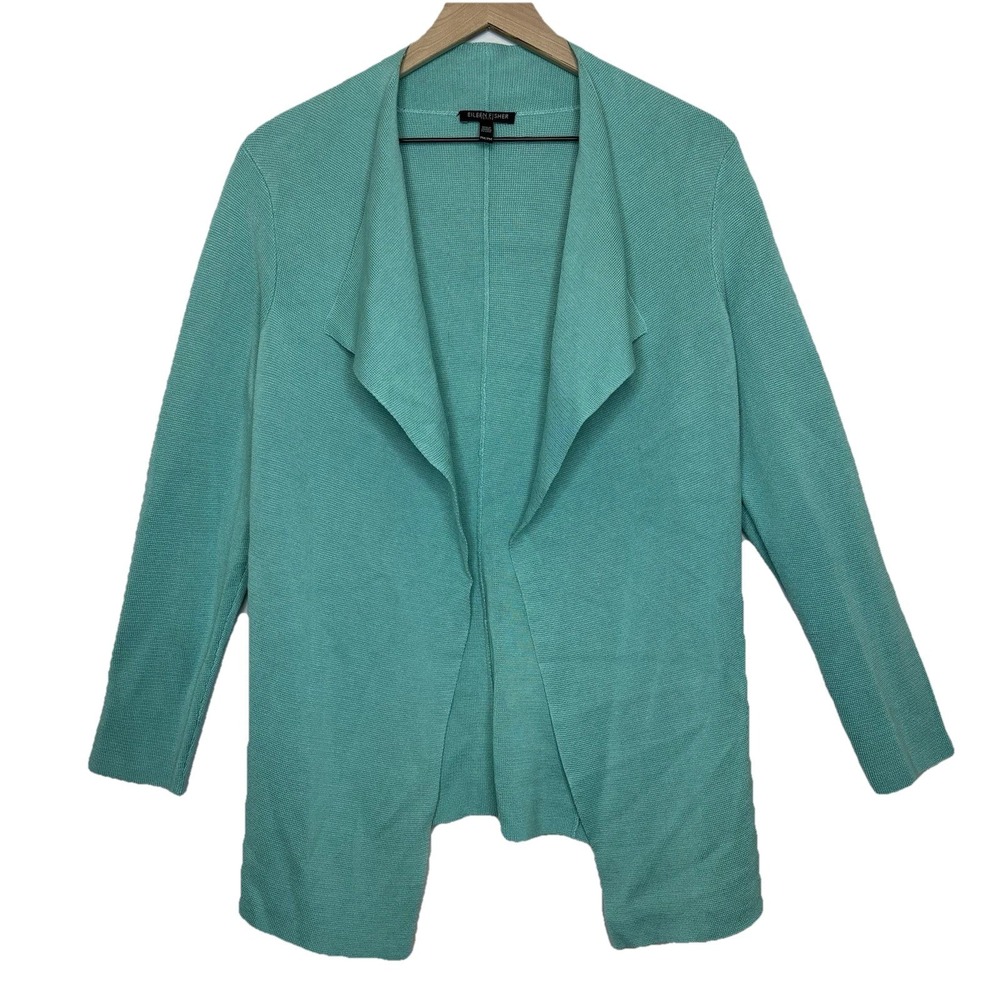 Eileen Fisher Cardigan Sweater PM Silk Teal Coastal Lagenlook Medium Euro Summer
